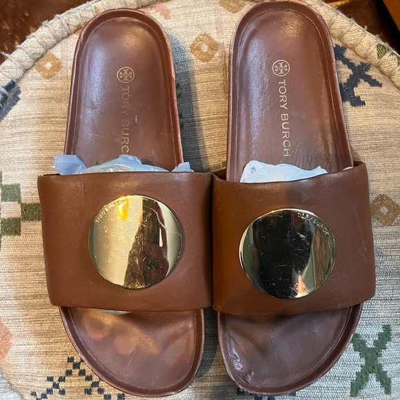 Tory Burch Shoes - Tory Burch Brown Leather Slides with Gold Circle Detail